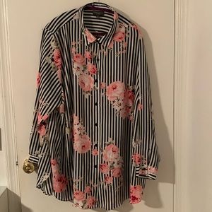 Women’s blouse new with tags.  Black and white striped with pink flowers.